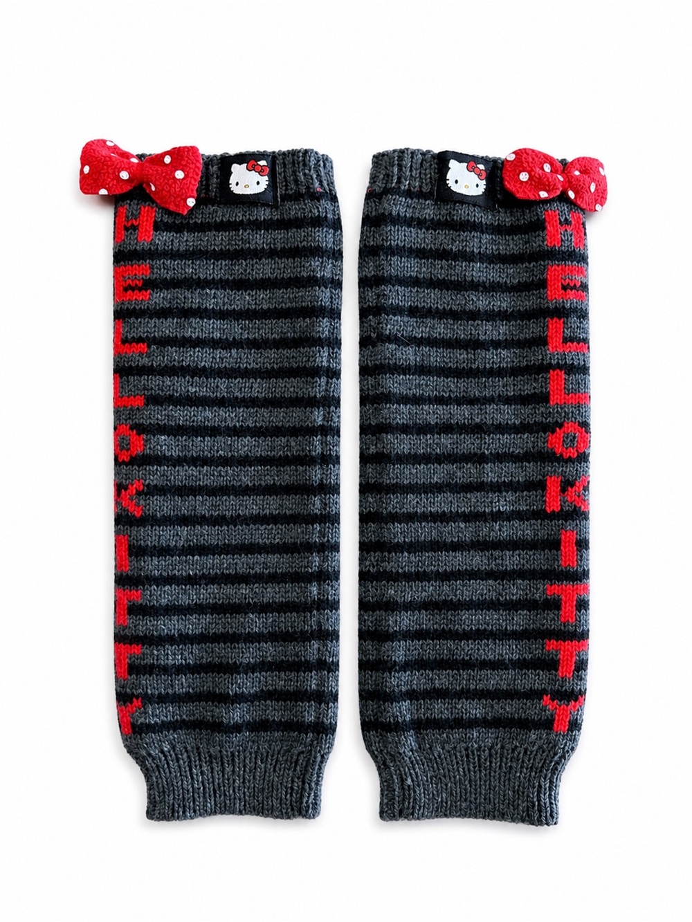 Kids Hello Kitty Black & Gray Striped Leg Warmers with Red Bow Accents